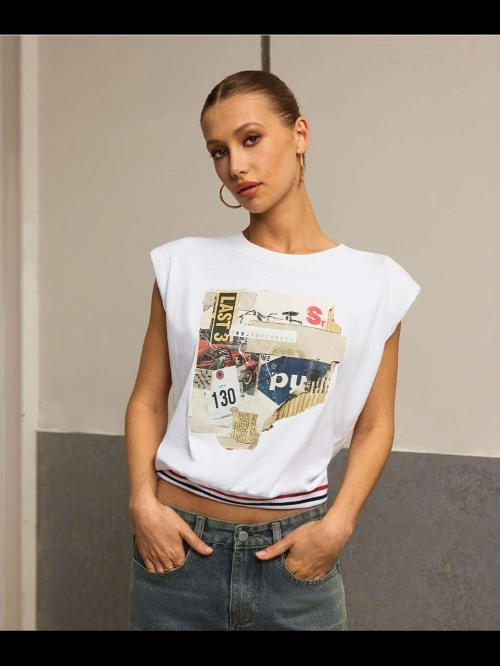 Micas Trendy Padded Shoulder Graphic Muscle Tank | Banded Hem Streetwear Top L